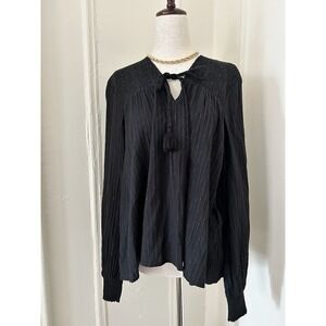 Charlie Holiday Black Metallic Pinstripe Tassel Tie Neck Smocked Top Women S